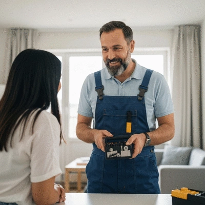 Expert serrurier local discutant des options de sécurité avec un propriétaire de maison à Marseille, mettant en évidence la réassurance et la confiance