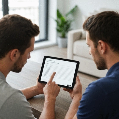 Serrurier présentant un devis à un client sur une tablette
