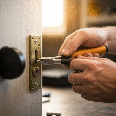 Serrurier réparant une serrure endommagée, gros plan sur les mains et les outils