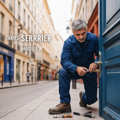 Serrurier travaillant sur une serrure à Marseille, tarifs affichés en arrière-plan