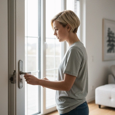 Personne vérifiant une serrure de porte, avec une ambiance de sécurité domestique