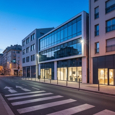 Modern commercial building in Marseille at dusk with security lighting