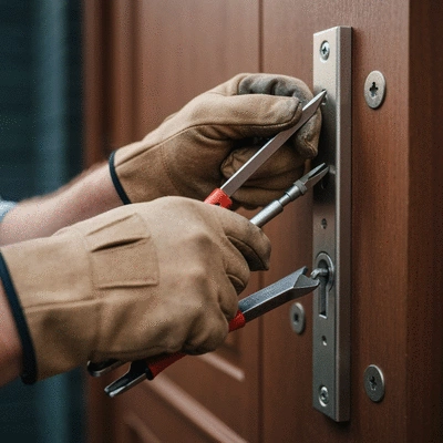 Serrurier professionnel en train de réparer une serrure de porte, gros plan sur les mains et les outils