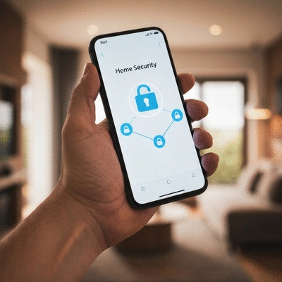 Smartphone displaying a home security app, with a smart lock icon and connection symbols, representing remote control and peace of mind
