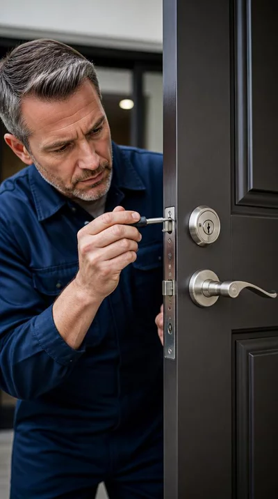 Expert serrurier vérifiant une serrure de porte