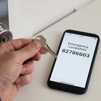 Main tenant une clé cassée devant une serrure, avec un téléphone affichant un numéro d'urgence de serrurier