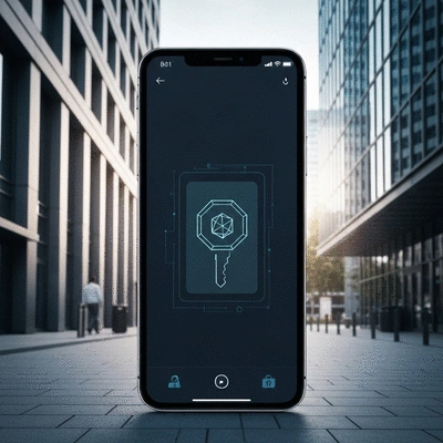 Modern access control system with a smartphone interface in an urban setting