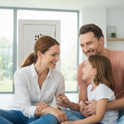 Famille se sentant en sécurité dans leur maison moderne avec porte blindée