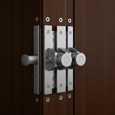 Gros plan d'une serrure multipoint installée sur une porte en bois, illustrant les mécanismes de sécurité, no text, no words, no typography, clean image, 8K