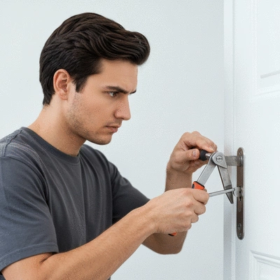 Serrurier professionnel ouvrant une porte avec des outils, lumière naturelle