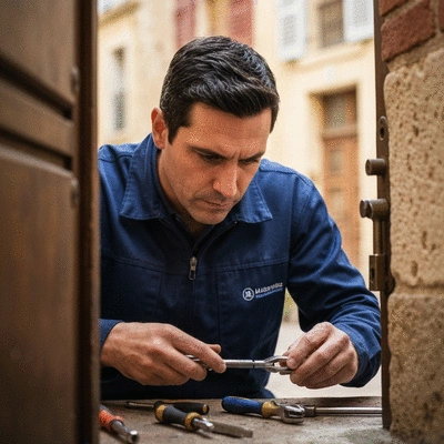 Serrurier professionnel inspectant une serrure endommagée sur une porte à Marseille