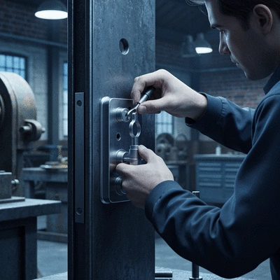 Serrurier professionnel installant une serrure de haute sécurité, avec des outils modernes, éclairage d'atelier, ambiance professionnelle