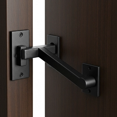 Close-up of a security angle bar installed on a door frame, showcasing its robust metal and secure fitting, no text, no words, no typography, clean image