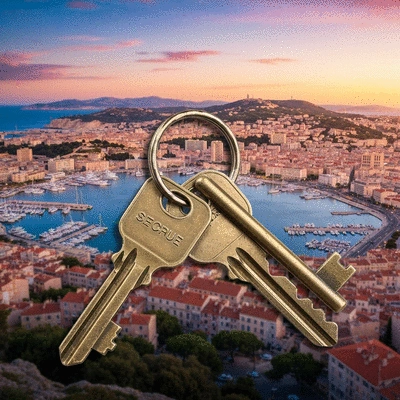 Clés sécurisées sur un porte-clés avec un arrière-plan flou de la ville de Marseille