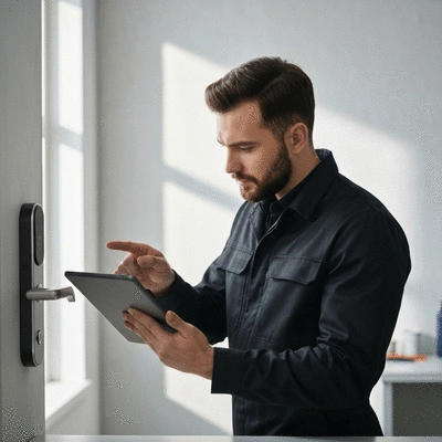 Professional locksmith inspecting a modern door lock, demonstrating expert service