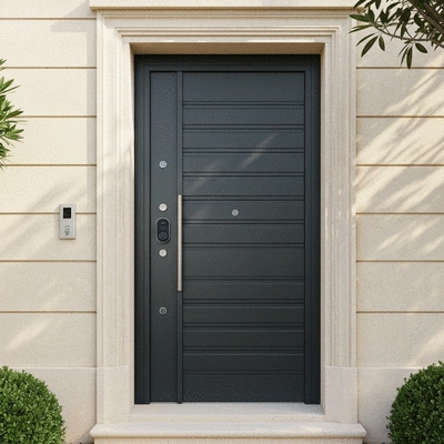 Modern armored door with security features in a home entrance, Marseille