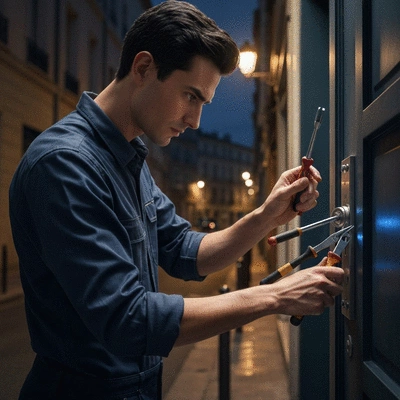 Serrurier de nuit intervenant sur une serrure de porte