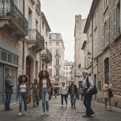 Diverse group of people in Marseille, showing community and safety, no text, no words, no typography, clean image