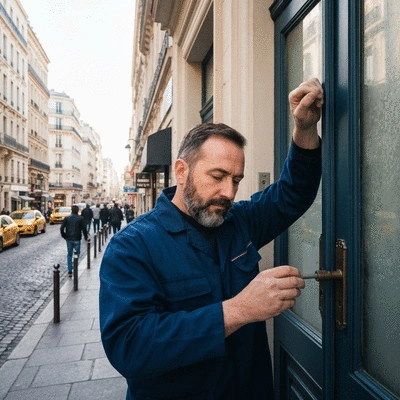 Serrurier réparant une serrure de porte d'entrée d'immeuble