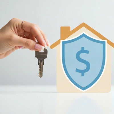 Main tenant une clé devant une icône de maison et un symbole d'assurance