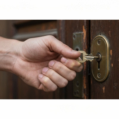 Person struggling to insert key into a worn-out lock