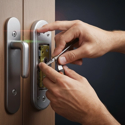 Close-up of a locksmith's hands working on a modern door lock, showing precision tools and a secure mechanism, no text, no words, no typography, 8K, clean image