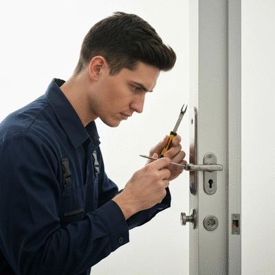 Serrurier professionnel vérifiant une serrure de porte
