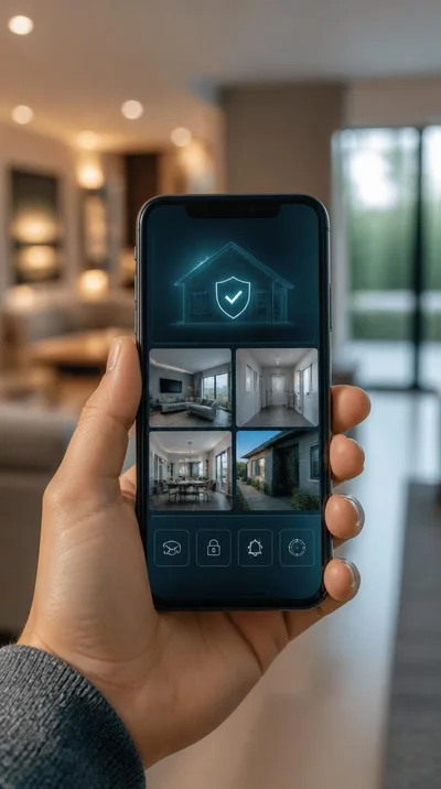 Person using a smartphone to control smart home security system