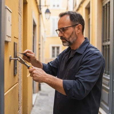 Serrurier professionnel ouvrant une porte avec des outils spécialisés