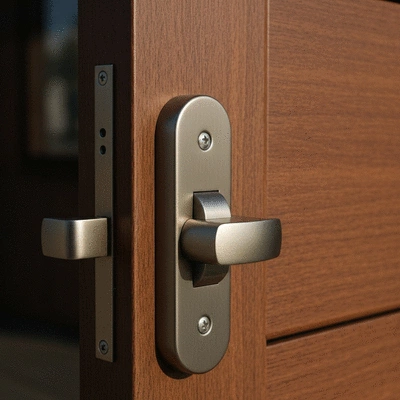 Gros plan sur une serrure multipoint moderne installée sur une porte en bois, symbolisant la sécurité accrue