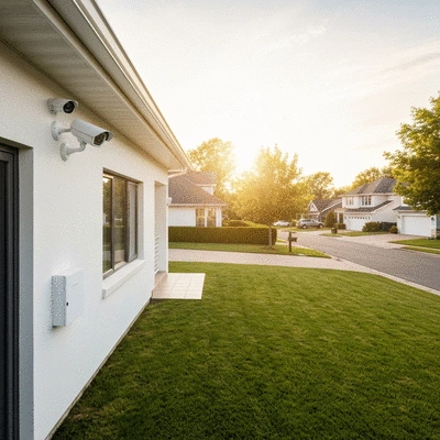 Vue d'une maison sécurisée avec un système d'alarme et des caméras de surveillance visibles, dans un quartier résidentiel ensoleillé