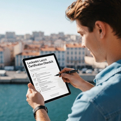 Personne vérifiant une checklist de certification de serrurier sur une tablette