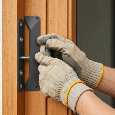 Close-up of a hand installing an anti-burglary angle on a door frame, demonstrating ease of installation and enhanced home security, no text, no words, no typography, clean image