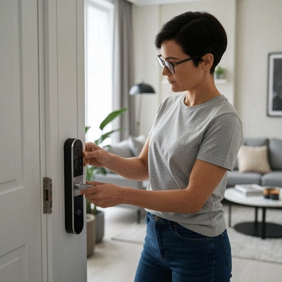 Personne vérifiant une serrure de porte pour la prévention des urgences