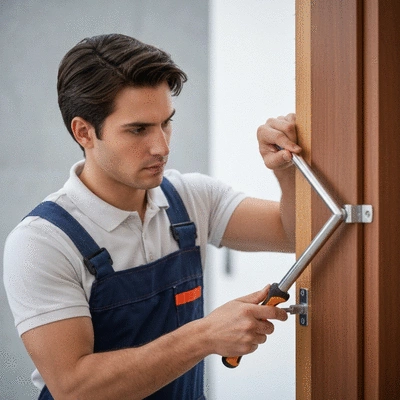 Professional locksmith installing a security angle bar on a door frame, with tools and a focus on precision, no text, no words, no typography, clean image