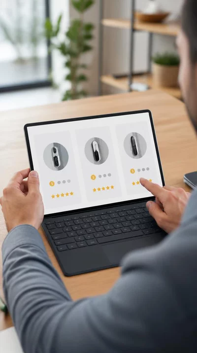 Personne comparant des devis sur un ordinateur portable, avec des icônes de cadenas et de prix