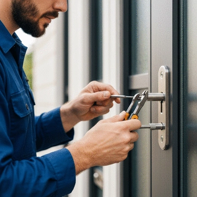 Professional locksmith working on a door lock for a residential building