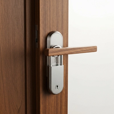 Modern biometric padlock on a door handle, demonstrating high-tech security