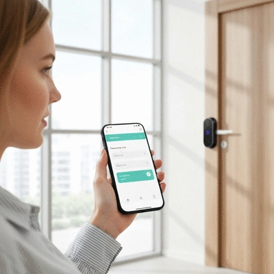 Hand holding a smartphone controlling a smart door lock, modern home