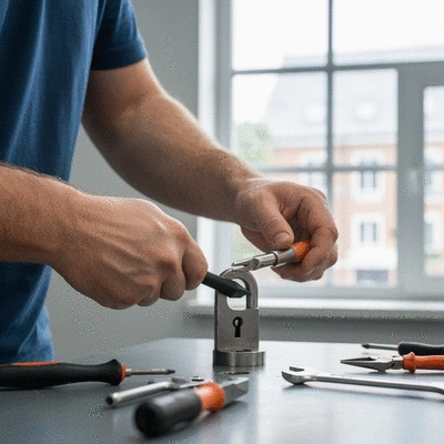 Main d'un serrurier professionnel montrant des outils de prévention de dommages de serrure