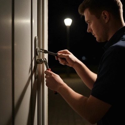 Serrurier réparant une serrure de porte la nuit