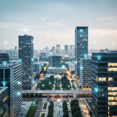 Smart city concept with integrated security systems and blurred city lights