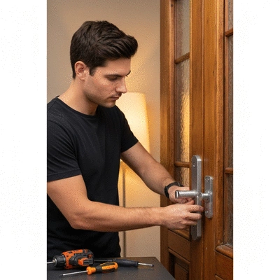 Serrurier professionnel installant une serrure haute sécurité sur une porte d'entrée, avec outils et une lumière chaleureuse en arrière-plan, no text, no words, no typography, no labels, clean image