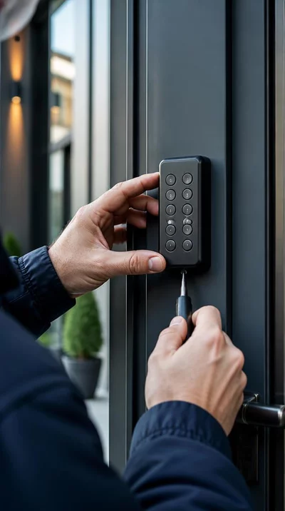 Un technicien installant un digicode sur une porte d'entrée