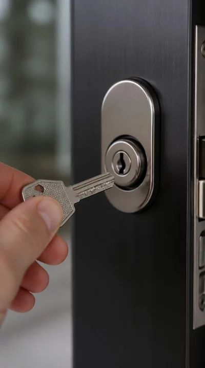 Gros plan sur une main tenant une clé devant une serrure moderne