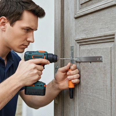 Close-up of a professional locksmith installing a door reinforcement plate on a wooden door