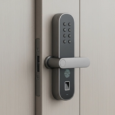 Close-up of a smart lock mechanism on a door, with digital keypad and fingerprint sensor, clean and modern design, no text, no words, no typography, no labels, clean image