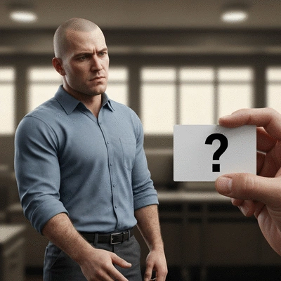 Person looking suspiciously at a business card with a question mark, representing doubt about a locksmith's legitimacy