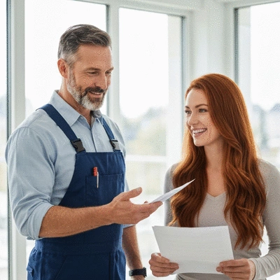 Serrurier expert expliquant les garanties à un client