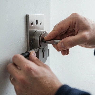 Gros plan sur une main de serrurier manipulant une serrure moderne